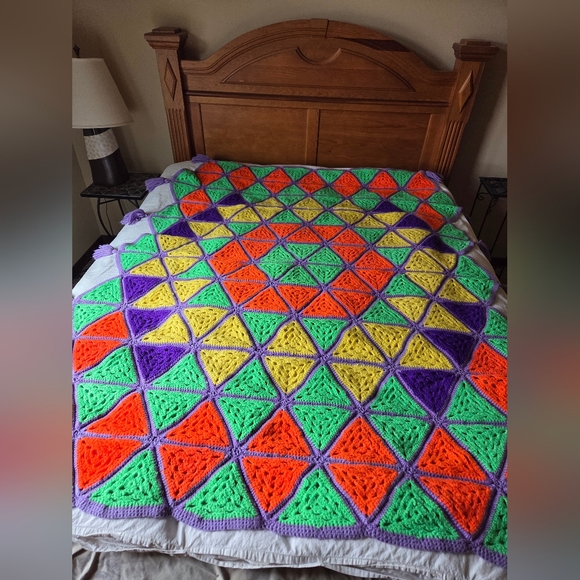 Vintage Colorful Geometric Handmade Crochet Blanket Afghan - Picture 2 of 14